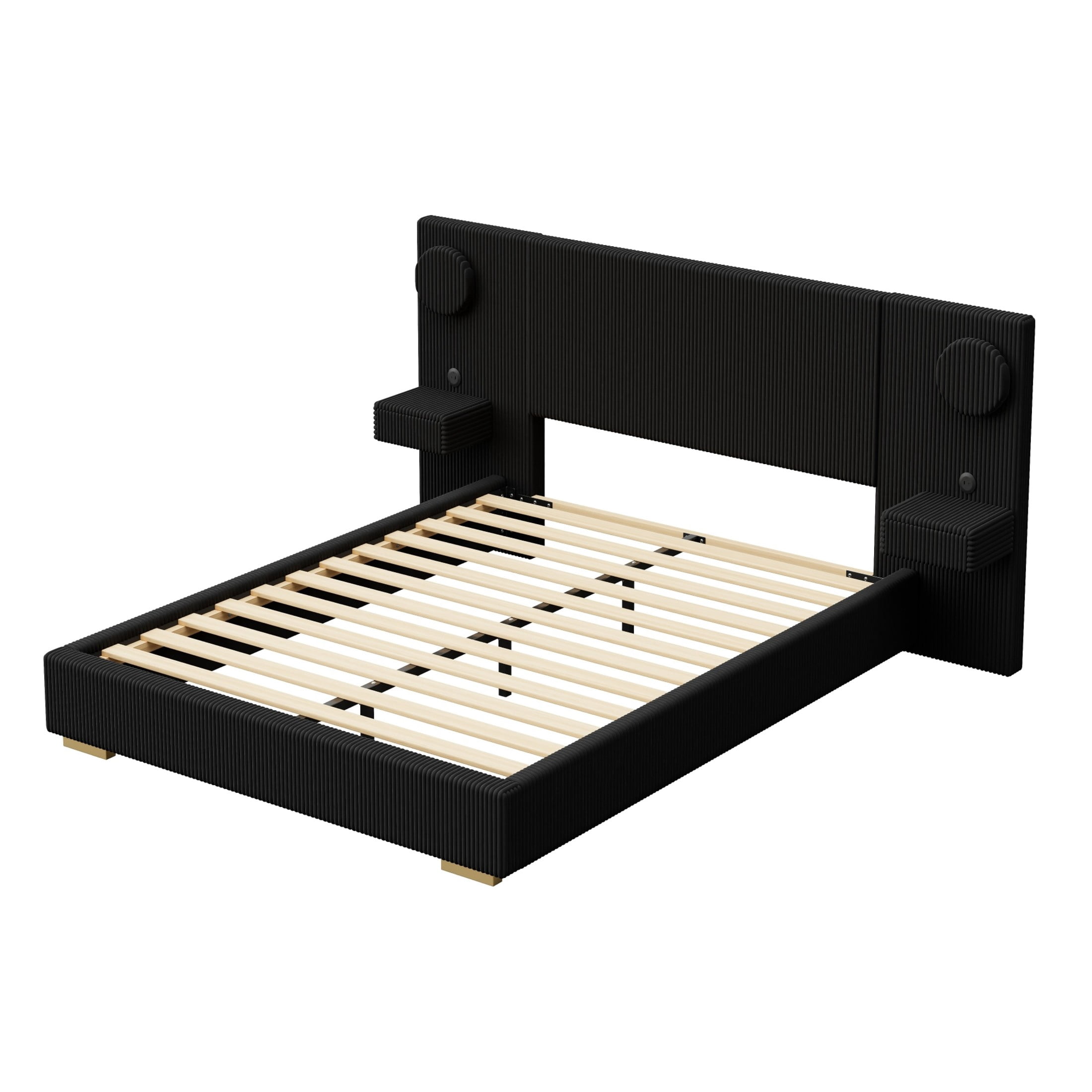 Noble House Dellas Queen Size Upholstered Platform Bed with LED Lights, Charging Ports & Side Storage Drawers, Black