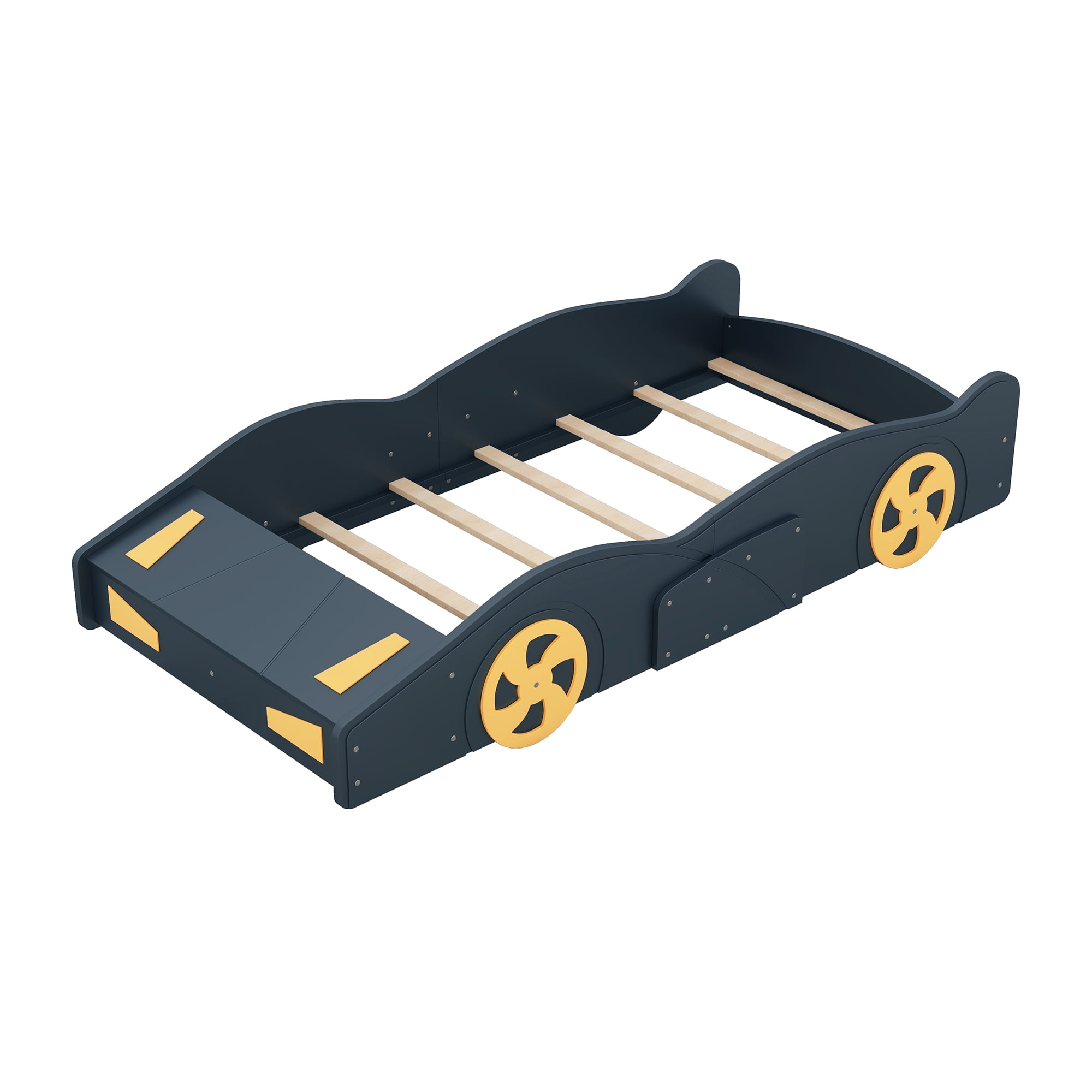 Twin Size Car-Shaped Platform Bed Frame With Wheels Storage Twin Size No Box Spring Needed Platform Bed 90.6x40.3x15.7 In