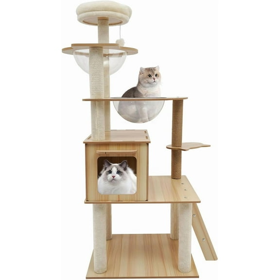 Cat Tree, 55 Inches Tall Cat Tower Condo with Plush Ball for Indoor Cats, Cat House Furniture with Clear Capsule Cat Bed, Multi-Layer Platform and Sisal Scratching Posts