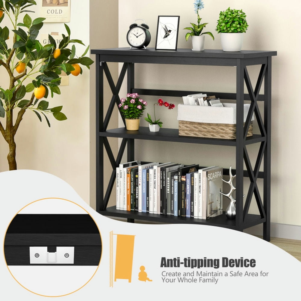 Demi Bonn 3-Tier Wooden Bookshelf, Multi-Functional X-Design Etagere Storage Bookcase, Black