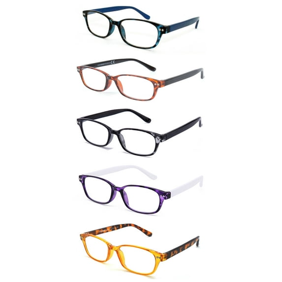 EYE ZOOM 5 Pack Ladies Plastic Fashion Reading Glasses for Women, Mul-color, +2.00