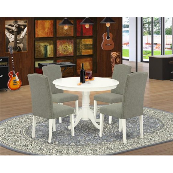 East West Furniture  42 in. Hartland Round Dinette Table & Four Parson Chair with Linen White Leg & Linen Fabric - Dark Shitake, 5 Piece