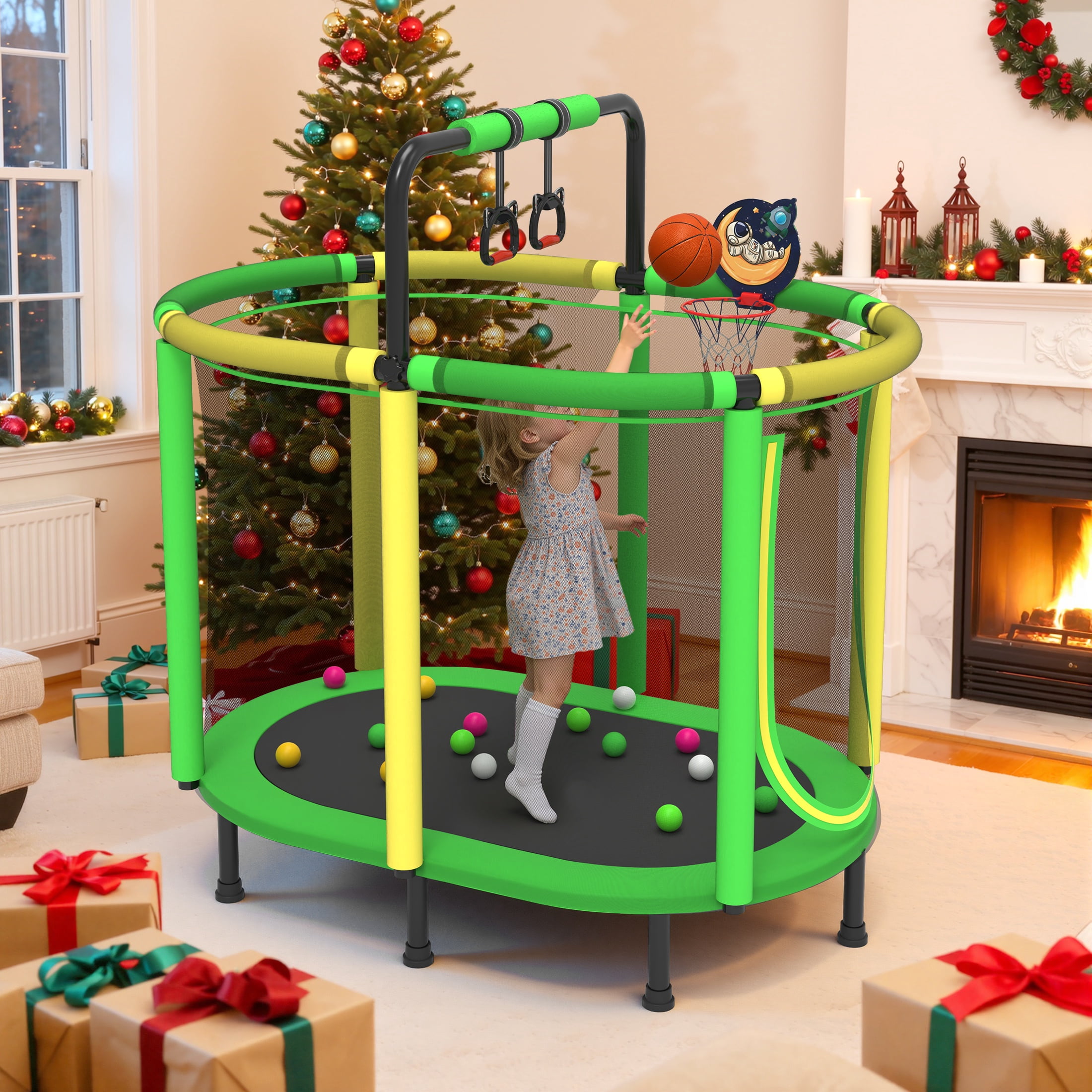 60" Toddler Trampoline with Enclosure Net, Kids Trampoline with Basketball Hoop, SHINPT Indoor Trampoline for Kids, Small Trampoline with Ocean Balls, Mini Trampoline with Rings, Gift for Boys Girls