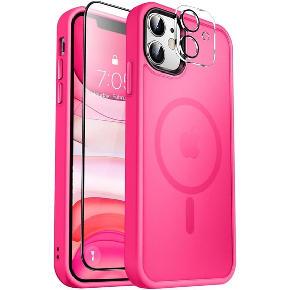 Strong Magnetic for iPhone 11 Phone Case,[Compatible with Magsafe][Glass Screen Protector Camera Lens Protector] Slim Thin Shockproof Cover Case for iPhone 11 6.1 inch, Hot Pink
