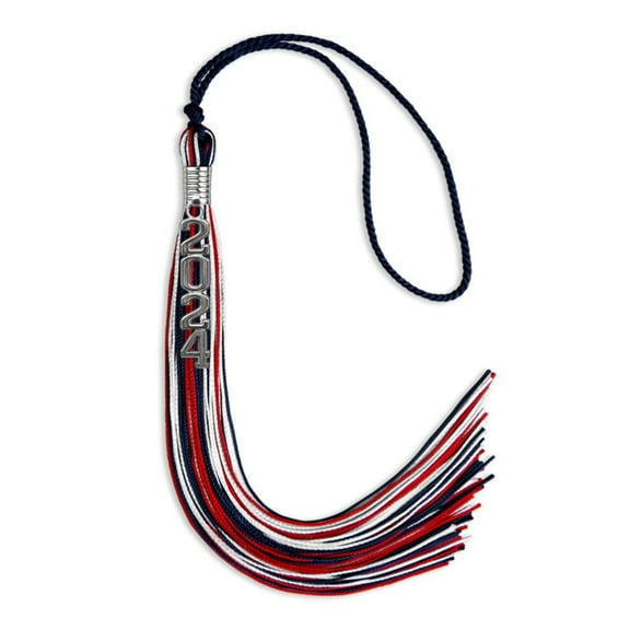 Endea Graduation Navy Blue/Red/White Mixed Color Graduation Tassel with Silver Stacked Date Drop