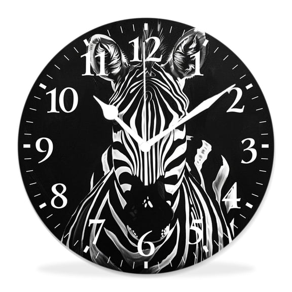 10 Inch Wall Clock Battery Operated Silent Clock Decorative for Office, Kitchen, Outdoor, Living Room，Zebra Head Wild Animal with Black White Striped on Black Gorgeous