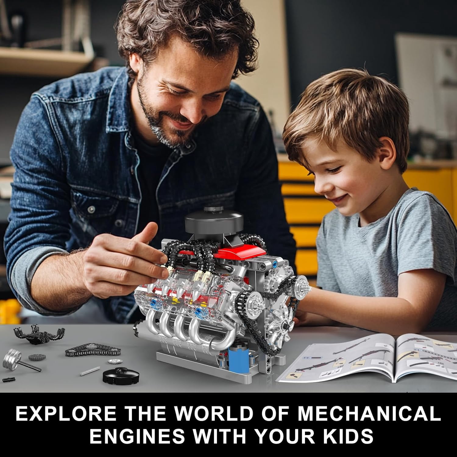 Engine Model Kit That Works, 8 Cylinder Car Engine with Motor, Building Blocks Collectibles for Adults, STEM Build Set (487 Pieces)