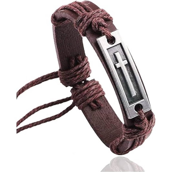 Men's brown Vintage Leather Cross Bracelet Adjustable Wristband Religious Jewelry for Casual Wear