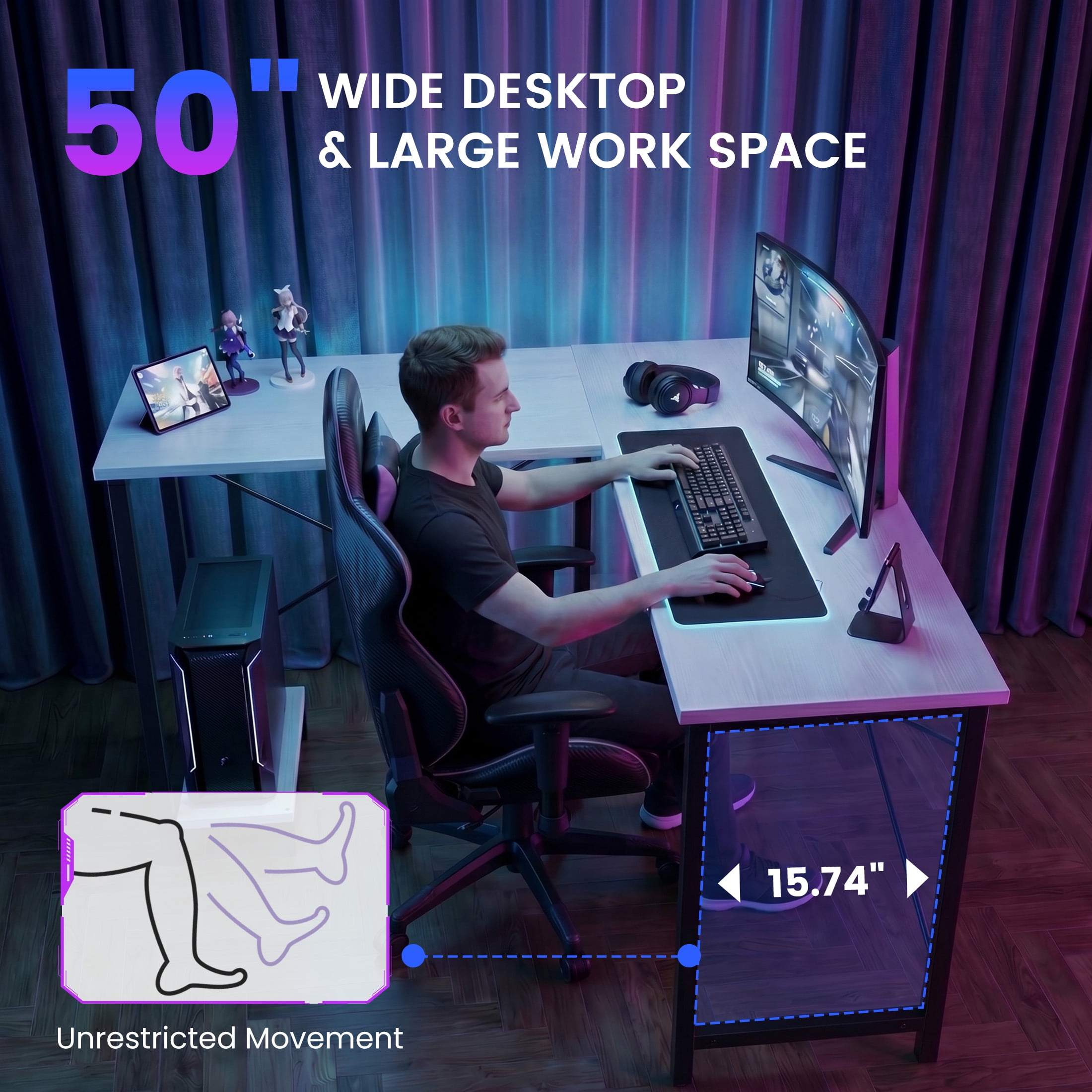 edx 50 Inch L Shaped Desk - Computer Desk Corner Desks Gaming Desk PC Table with CPU Stand for Home Office Dorm Sturdy Writing Workstation, White