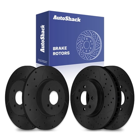 AutoShack Front & Rear Brake Rotors for Kia & Hyundai, Rio 2012-2023 Accent 2018-2022, FWD L4 1.6L - E-Coated Drilled & Slotted - Black Finish - NightGuard