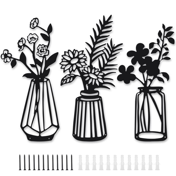 3 Pzas de Decoración de Pared de Flores de Metal, Flores en Jarrón, Esculturas de Pared de Hierro, Decoración de Arte para el Hogar, Cocina, Dormitorio, Sala de Estar, Patio, Balcón (Negro)