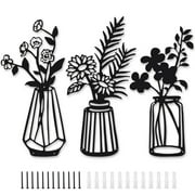 3PCS Metal Flower Wall Decors, Flowers in Vase Iron Wall Sculptures, Art Decoration for Home Kitchen Bedroom Living Room Patio Balcony(Black)