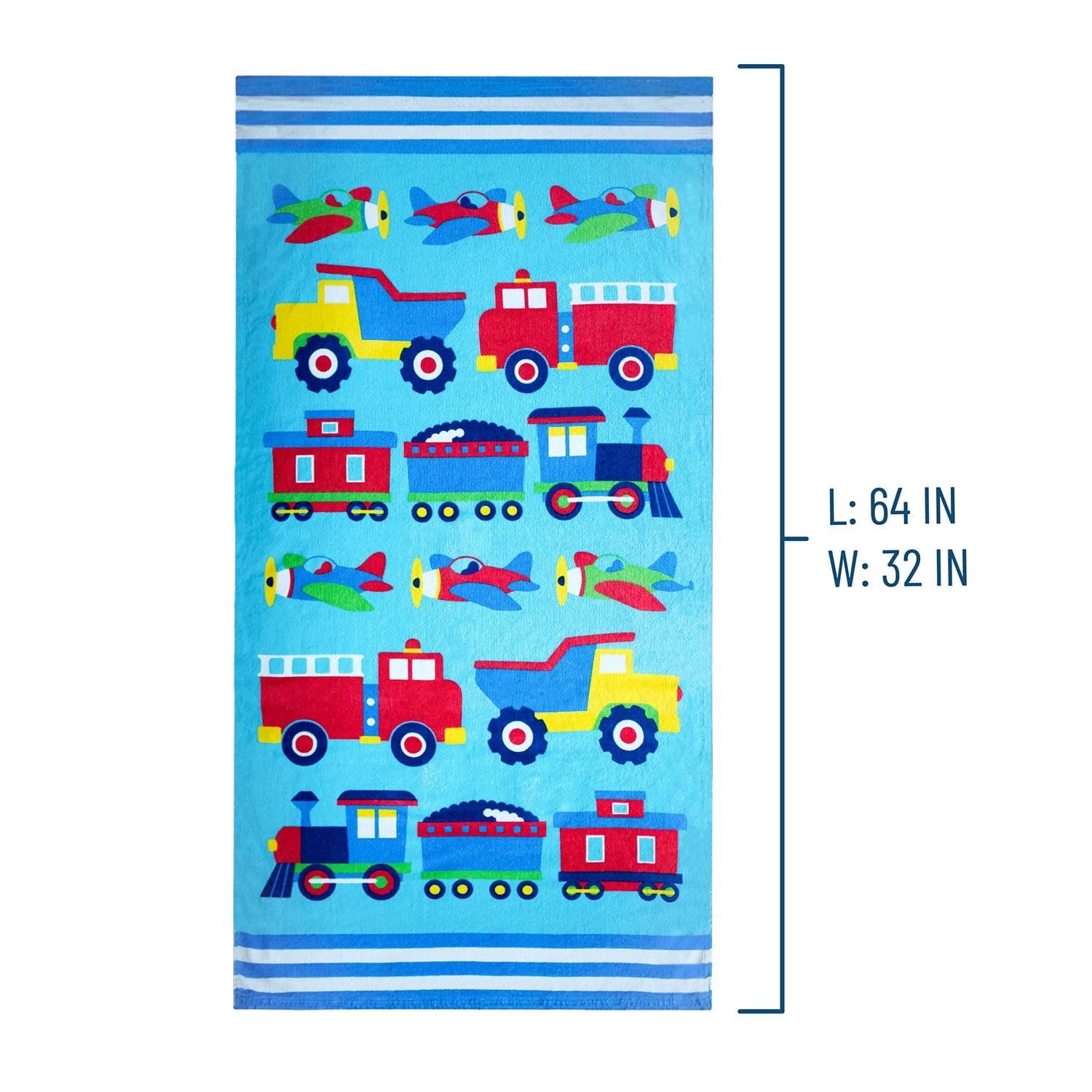 Wildkin Kids 100% Cotton Beach Towel for Boys and Girls (Trains, Planes & Trucks Blue)