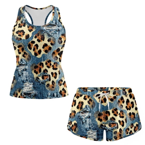 Chririnla Cowboy Leopard Brown Tankini Swimsuits Two Piece Tummy Control Bathing Suits Sports Swim Tank Tops Shorts with Pockets for Women Plus Size Bathing Suit Swimwear for Beach Vacation Gym