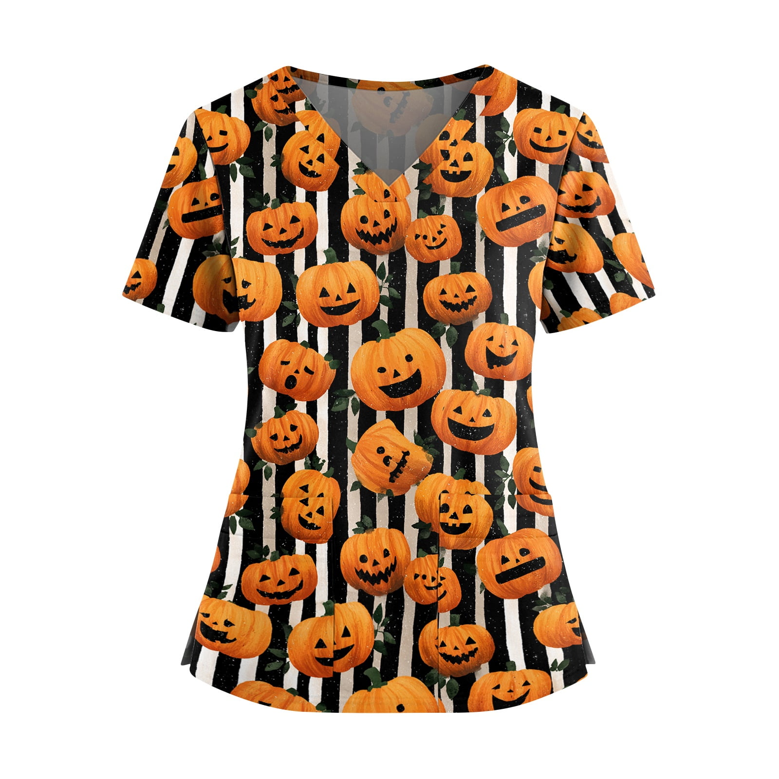 Halloween Scrub Tops Women Print Plus Size Scrubs for Women,Stretchy Nursing Pediatric Uniforms Shirts with Pockets 02-Yellow 5XL