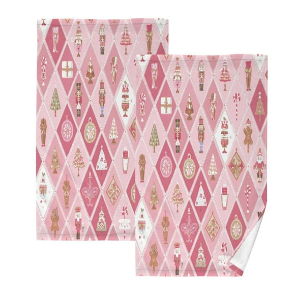 2 Pcs Hand Towels Sets Pink and White Christmas Motifs Cotton Towel Set Absorbent Face Towel for Bathroom Kitchen Shower Hotel Decor