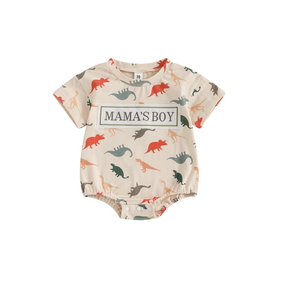 BemeyourBBs Newborn Baby Boy Mama's Boy Clothes Summer Dinosaur Outfit Bubble Romper Letter Embroidery Short Sleeve Bodysuit Casual Jumpsuit Playsuit