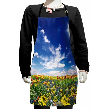 

Flower Kids Apron Flowers Meadow and Cloudy Sky Nature Landscape Print Vivid Sun Springtime Boys Girls Apron Bib with Adjustable Ties for Cooking Baking Painting Multicolor by Ambesonne