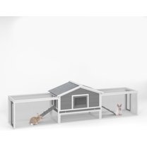 121'' Large Wooden Rabbit Hutch, Outdoor Bunny Cage with Ramps, Lockable Doors, Run Area, Guinea Pig Cage with No-Leak Pull-Out Tray and Waterproof Asphalt Roof for Small Animals, Grey White