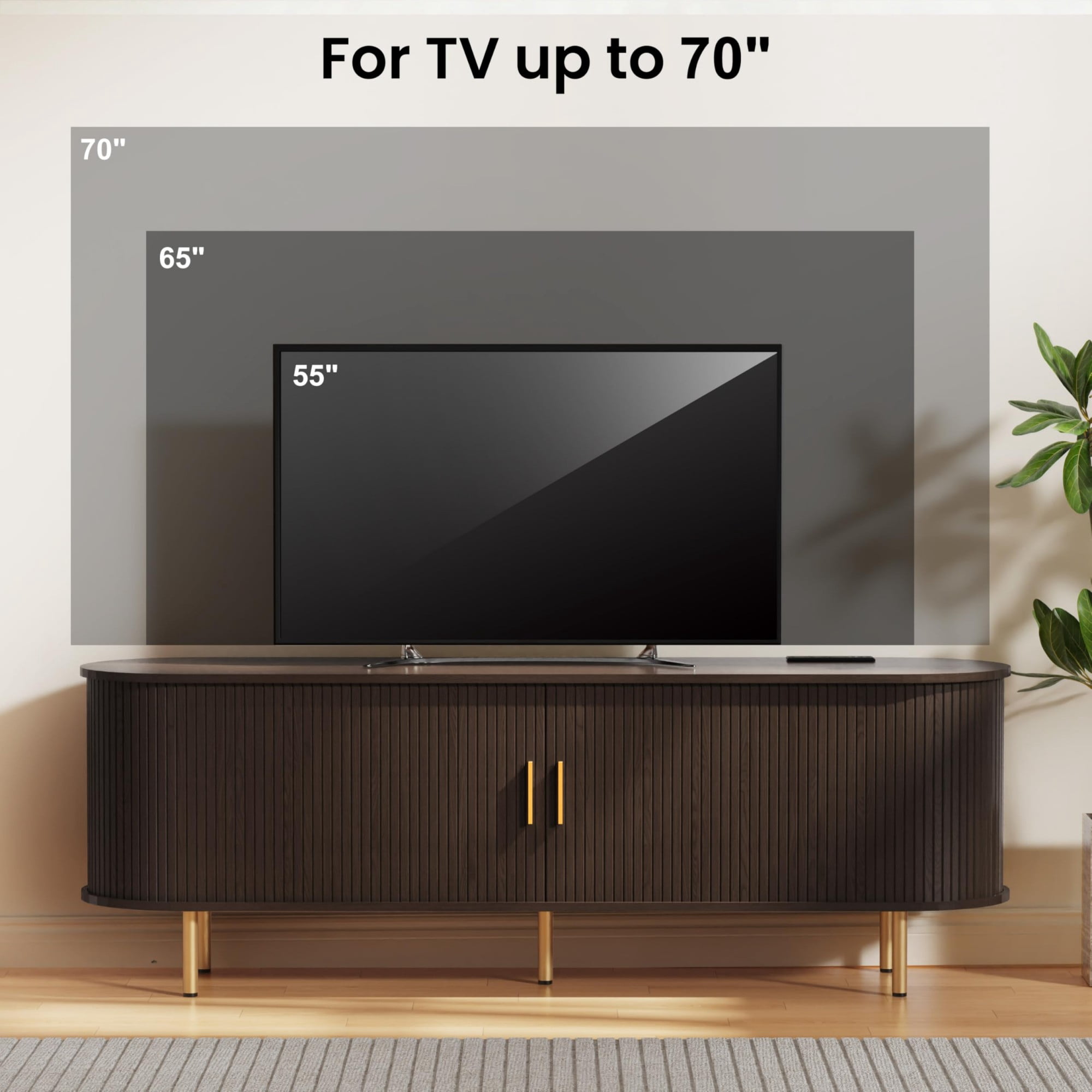 63 Inch Mid Century Modern TV Stand with Power Outlet, Fluted Media Console with Sliding Doors for TVs up to 70 Inch, Coffee