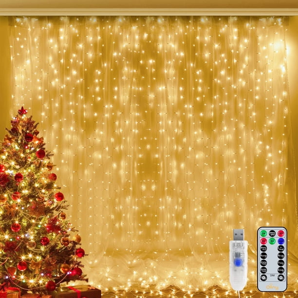 Guirnaldas de luces navideñas para interiores - Blanco cálido 300 LED 3 m x 3 m Luces navideñas para ventanas alimentadas por USB Guirnaldas de luces navideñas impermeables para exteriores con 8 modos/temporizador/control remoto para decoraciones al aire libre/dormitorio/fiesta/jardín JM
