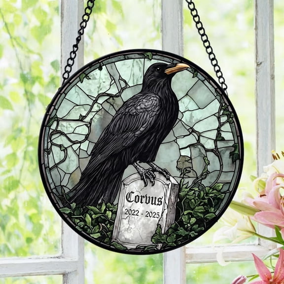Raven Stained Glass Suncatcher, Corvus Memorial Window Hanging, Gothic Decor Gift