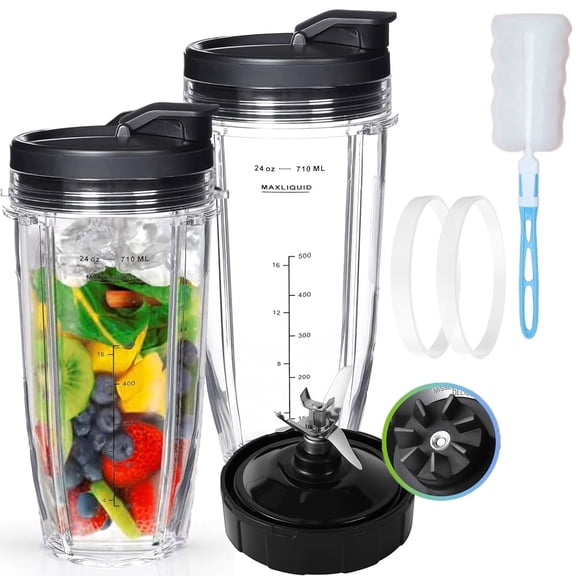 Blender Replacement Parts for Ninja, 24oz Blender Cups with To-Go Lids, 7 Fins Extractor Blade, Compatible with Nutri Ninja Auto iQ Blenders BL2012 BN801 BL480-30 BL640-30 BL642-30 NN100-30