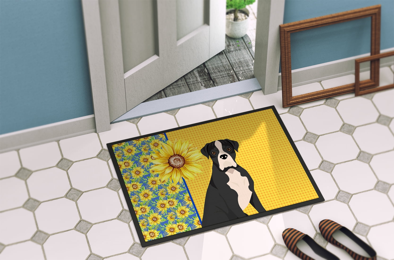 Carolines Treasures WDK5342JMAT 24 x 36 in. Summer Sunflowers Natural Eared Black Boxer Indoor or Outdoor Mat
