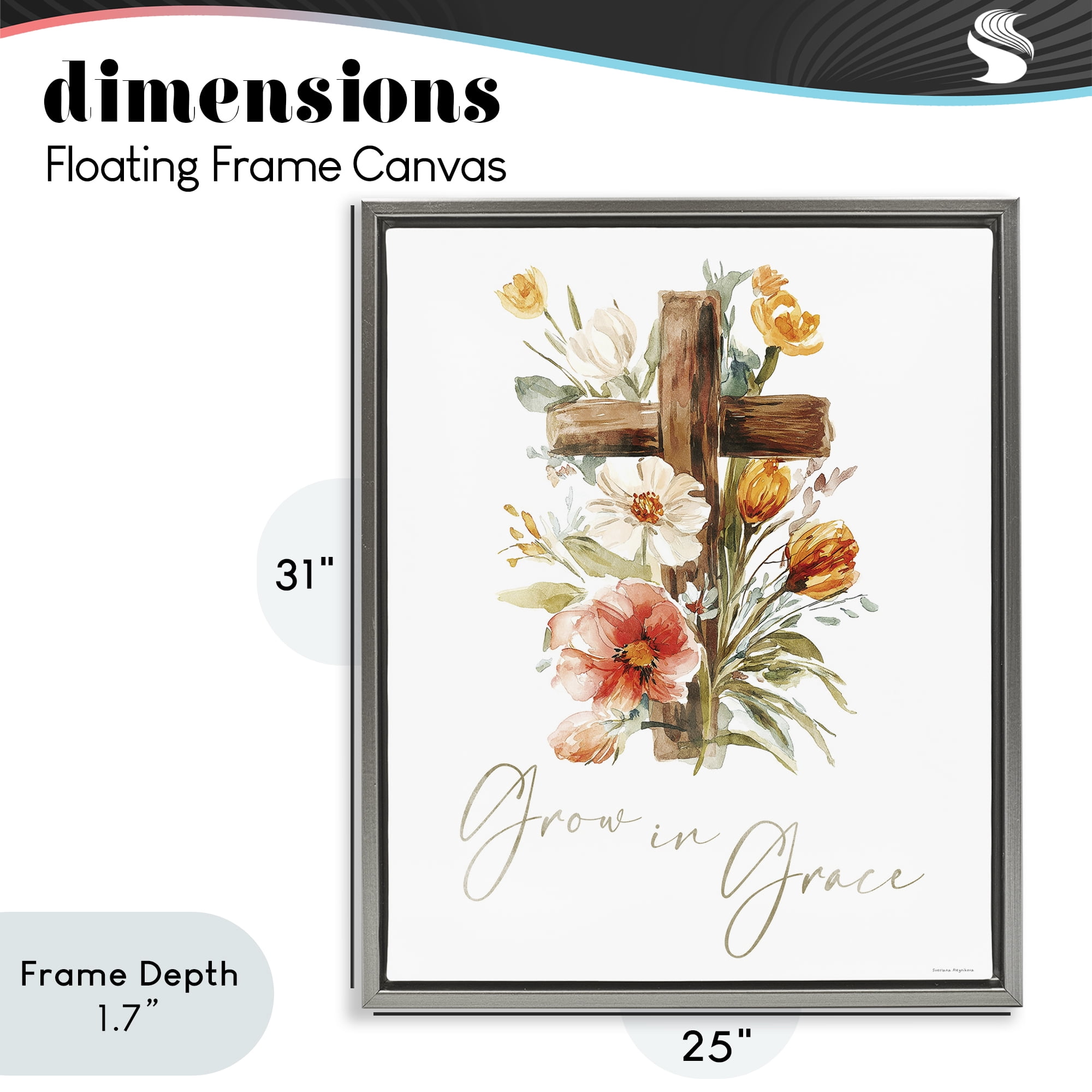 Stupell Industries Grow In Grace Cross Gray Framed Floater Canvas Wall Art, design by Svetlana Aleynikova