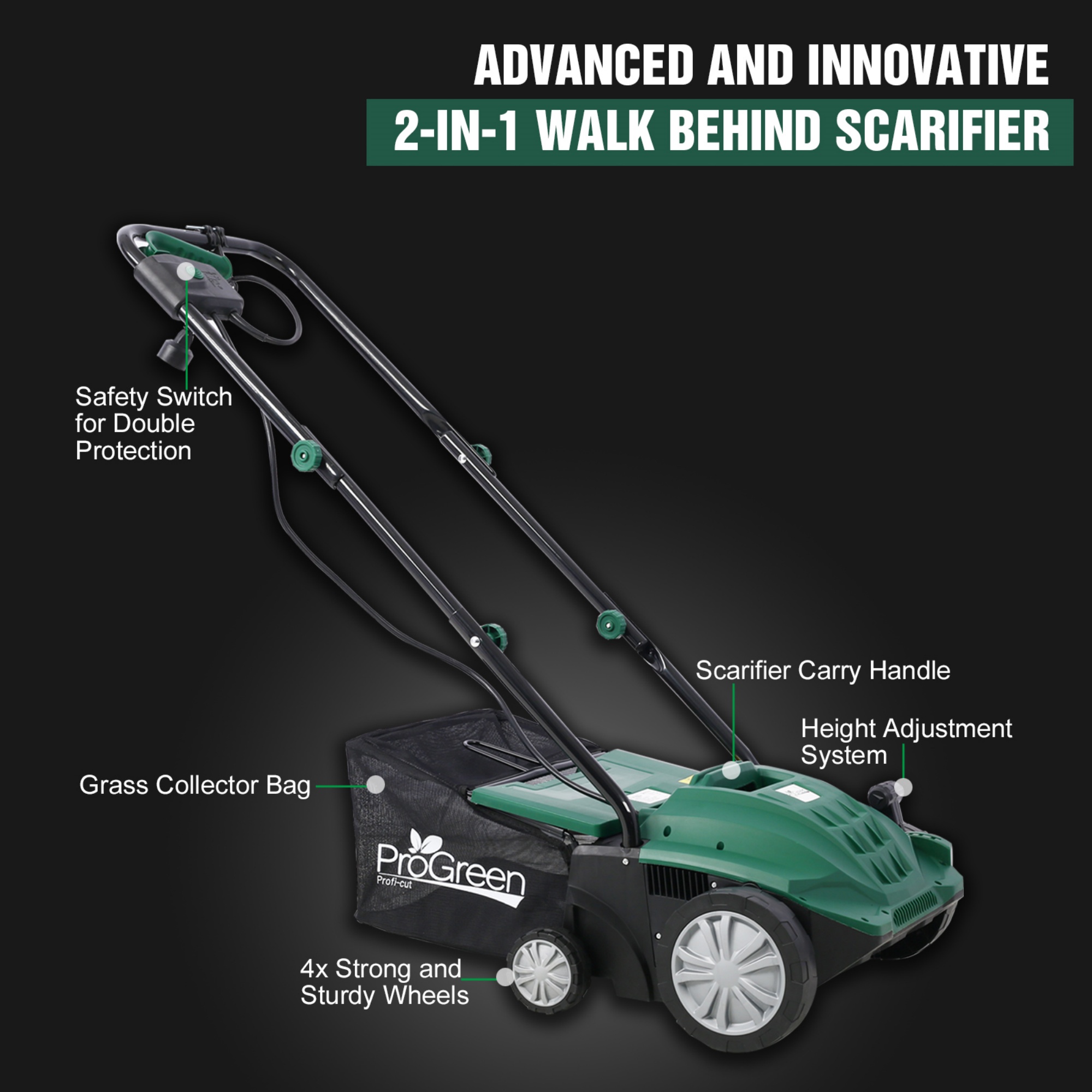 2-in-1 13" Dethatcher & Scarifier, 12 Amp Electric Garden Lawn Mover, Removable Collection Bag extra large 32QT