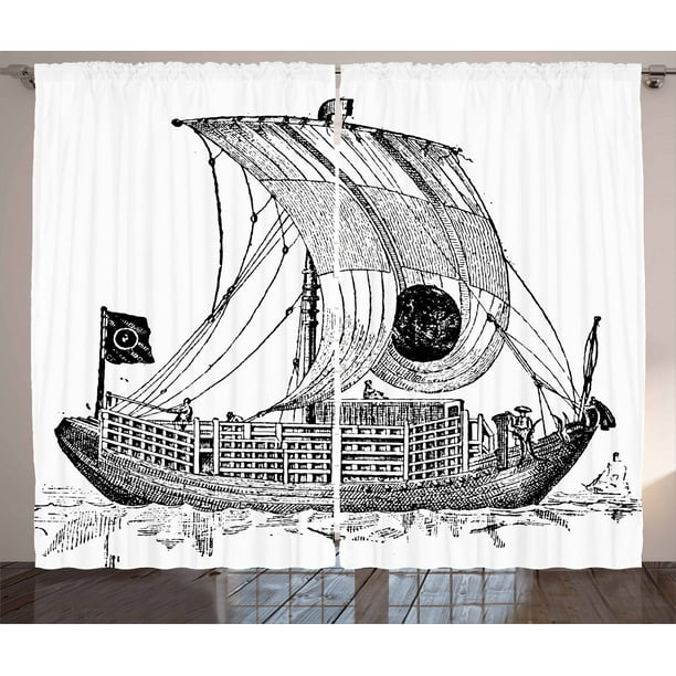 Vintage Boat Curtains 2 Panels Set Chinese Sailboat Historical Asian Culture Ethnic Marine Ocean Nautical Window Ds For Living Room Bedroom 108w X 108l Inches Grey White Black By Ambesonne Com Vintage Boat Curtains 2 Panels Set, Sailboat Window Curtains