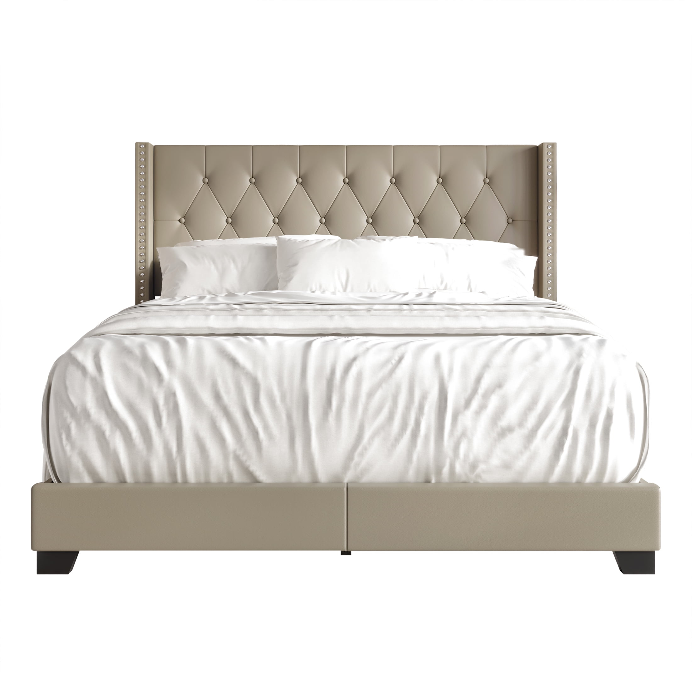 Castle Place Nailhead Trim Wingback Upholstered Bed, Gold Faux Leather, King