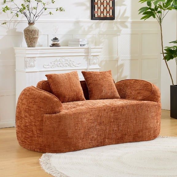66'' Curved Compress Sofa Couch with Armrests and Memory Foam, 2 Seater Compression Chenille Loveseat Sofa Couches in a Box with 2 Pillows for Living Room, Apartment, Small Spaces,Orange