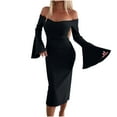 thumbnail image 2 of Uaswgudfs ​Women's Off-Shoulder Long Sleeve Satin Flowy Dress​ - Flared Cuff Midi Dress for Summer Formal Occasions, Casual with Smooth Fit & Adjustable Waist Black XL, 2 of 8