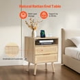 thumbnail image 6 of KFFKFF Wicker Nightstand, Bohemian Style Side Table with Open Compartment and Dual Drawers, Wicker Accent Table Nightstand with Sturdy Wooden Legs, Wicker Bedside Table with Power Dock, 6 of 9