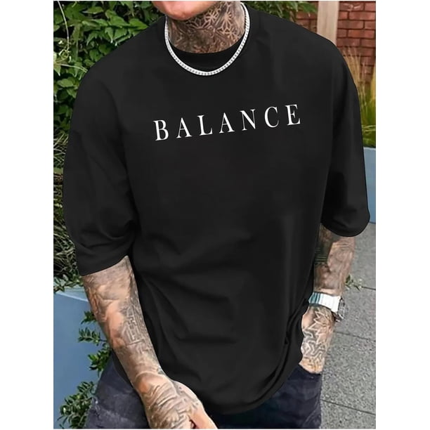 Balanced Letter Print Men'S T-shirt, Casual Short Sleeve Crew Neck Polyester Tops with Slight Stretch, Summer Fashionable Versatile T-shirt for Adult Tee For Adult, Men, Women, Teen, Teenager, Adol