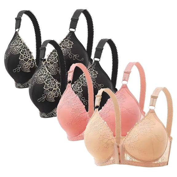 4 Pack Women's Front Opening Bra Plus Size Lace Breathable Wrapped Up Cup Side Fold Breast Push-Up Bra , Available In Multi Packs Black XXL