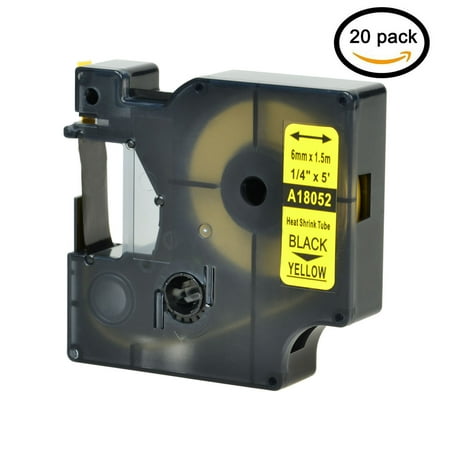Dymo Shrink Tube GREENCYCLE 20PK Industrial Rhino Heat Shrink Tubes Compatible for Dymo 18052 Black on Yellow Cable Label Tape (6mmx1.5m,1/4''x5ft) use in DYMO Rhino 1000 3000 4200 5000 5200 6000 Label Maker ()