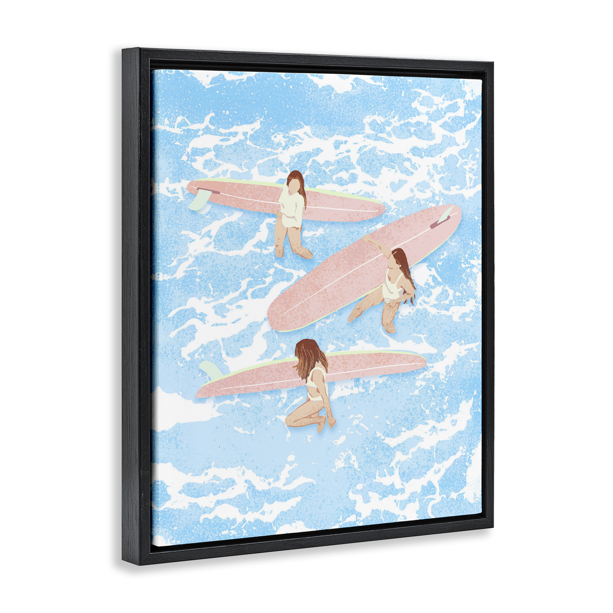 Surfing Girls Trio Black Framed Floater Canvas Wall Art, design by Ziwei Li