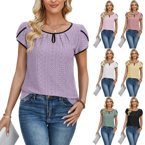 Fesfesfes Short Tshirts for Women's Casual Round Neck Sleeve Patchwork Solid Color Loose T-Shirt Top T Shirt Pack L(US:8)