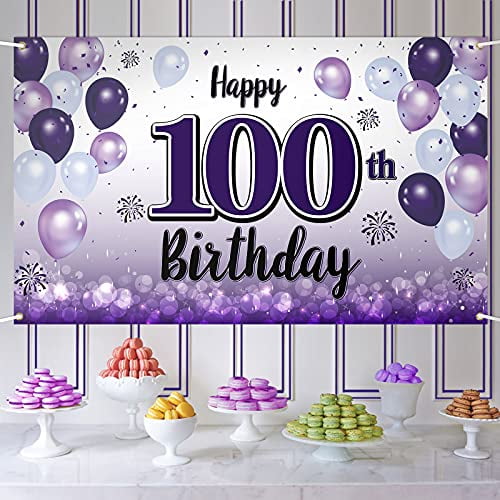 LASKYER Happy 100th Birthday Purple Large Banner - Cheers to 100 Years Old Birthday Home Wall Photoprop Backdrop,100th Birthday Party Decorations