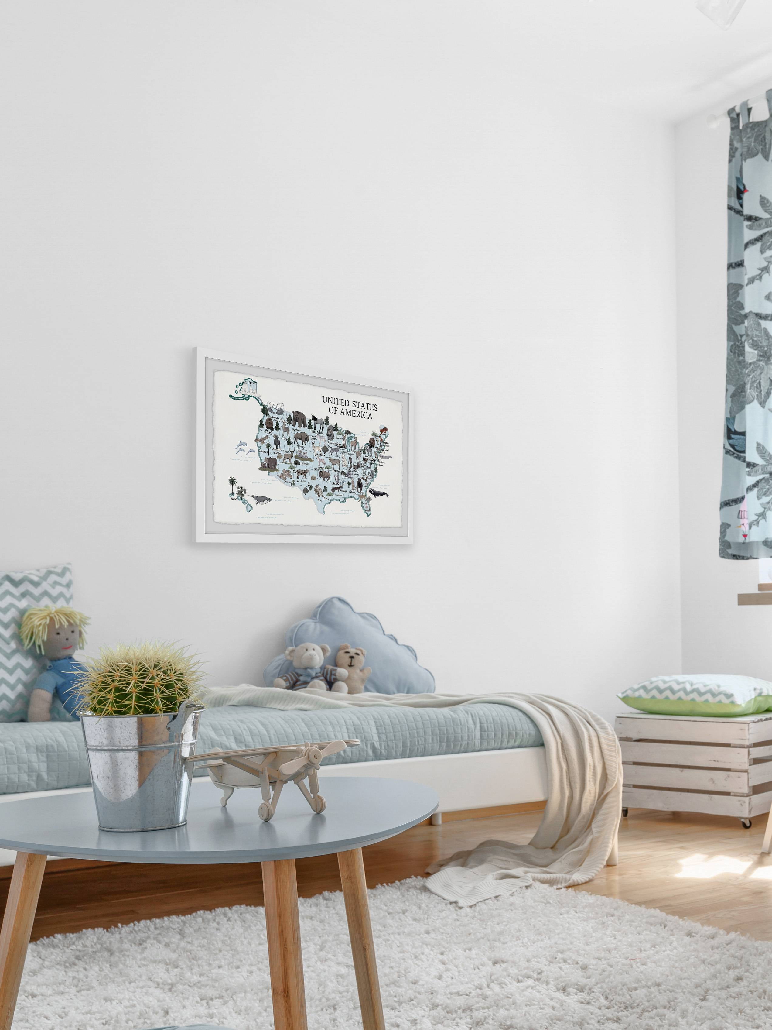 Marmont Hill Blue Animals Map Framed Wall Art