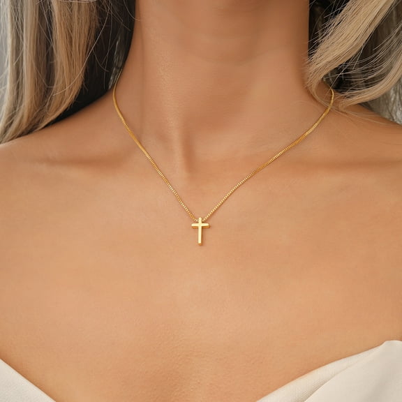 Gold Cross Necklace for Women Dainty 14K Gold Plated Cross Pendant Charm Choker Necklaces Extenders Simple Trendy Religious Jewelry Necklace Womens Simple Cute Gold Gifts[m374]