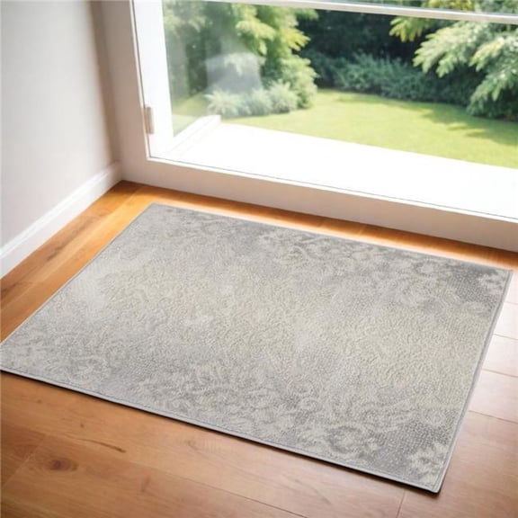 HomeRoots 556203 2 x 3 ft. Damask Distressed Non Skid Rectangle Area Rug, Ivory & Gray