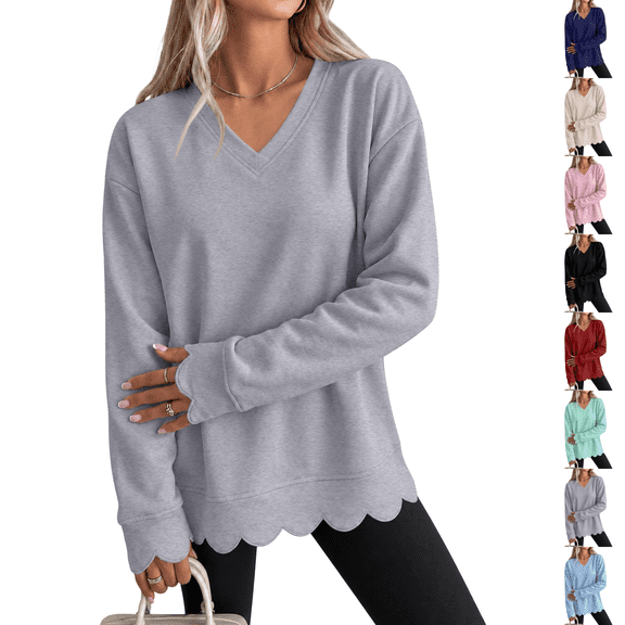 Scalloped Sweatshirt Womens Oversized V-neck Sweatshirts Pullover Fall Tops Loose Fit Soft Comfort Lightweight Long Sleeve Athletic Daily Trendy Gray XL