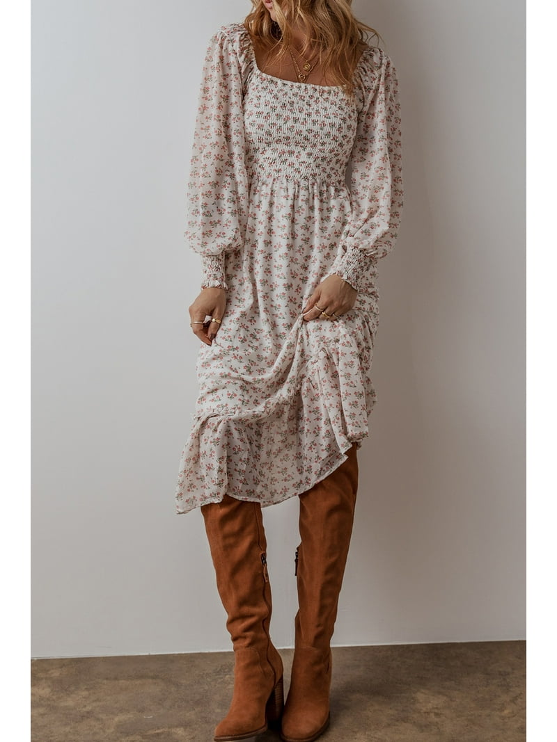 Ahlaray Floral Shirred Midi Dress - Square Neck, Fit & Flare
