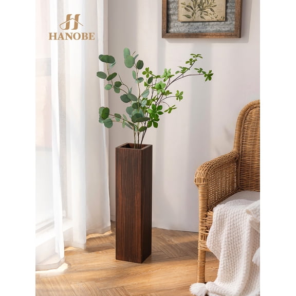 Hanobe Wooden Tall Floor Vase， 21 Inch Wood Rectangular Tall Vases for Decor Living Room Floor (Brown)
