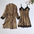 thumbnail image 4 of Women Silk Satin Pajamas Sets 2 Piece Leopard Lace Silky Kimono Robe and Chemise Nightgown Bathrobe, 4 of 4