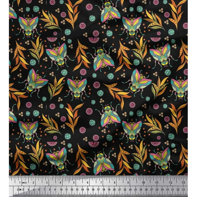 Soimoi Georgette Viscose Fabric Leaves,Floral & Housefly Insects Decor Fabric Printed Yard 42 Inch Wide