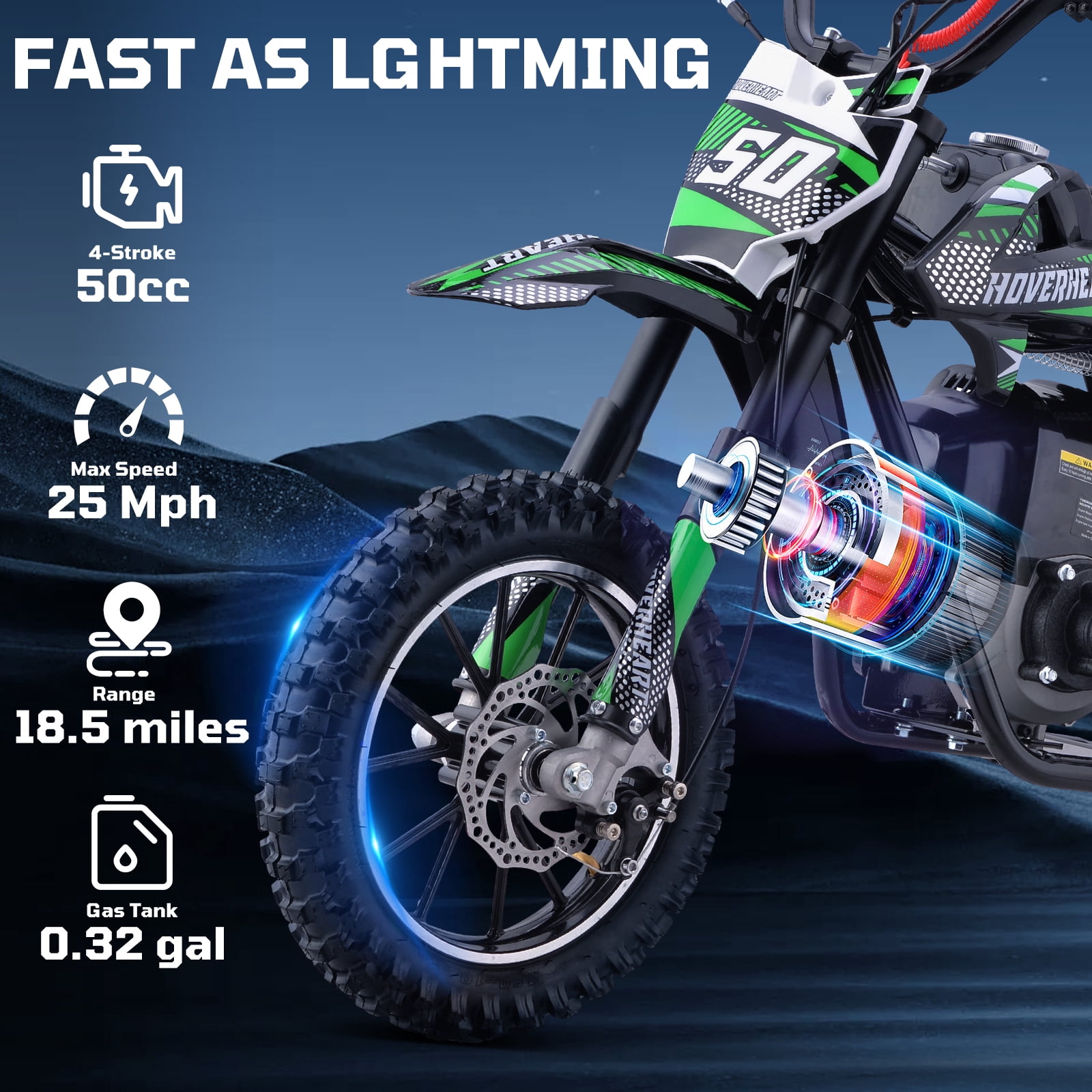 50CC 4-Stroke Dirt Bike for Adults & Teens & Kids,Professional Dirt Bike with Dual Disc Brakes,Double suspension and Anti-slip Off-Road Tires, Gas Dirt Bike Max Load 180 lbs,Green